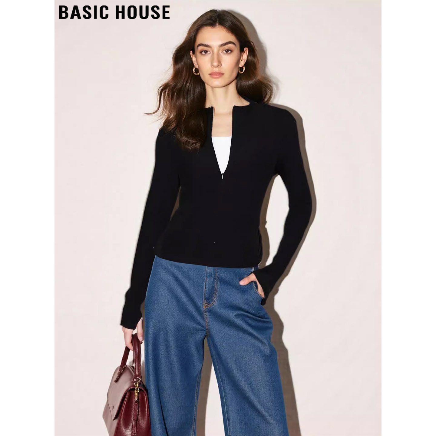 百家好假两件V领长袖T恤修身打底