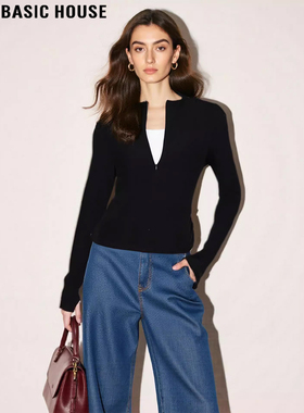 Basic House/百家好假两件V领长袖T恤女2026春季新款修身打底上衣