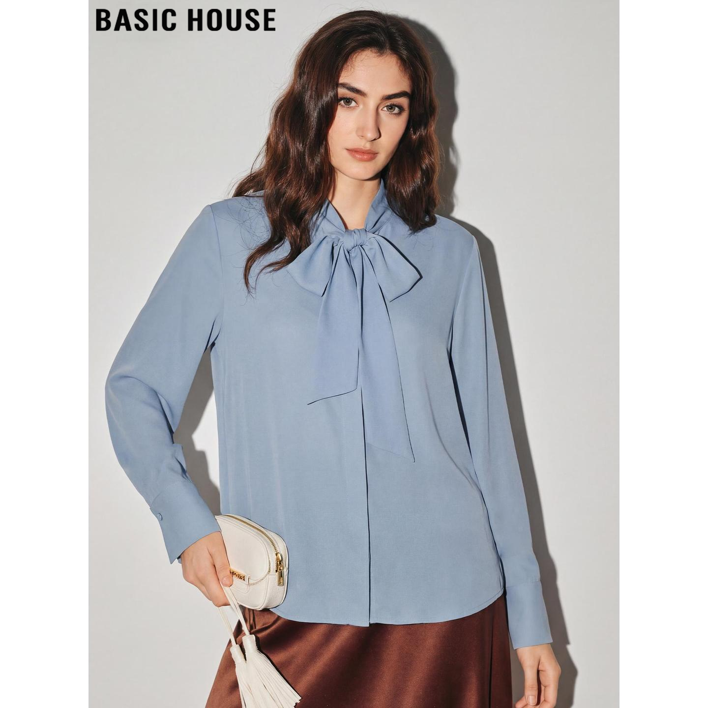 Basic House/百家好蓝色蝴蝶结系带衬衫女士2026春季新款气质小衫,女装/女士精品,衬衫,淘宝优惠券,粉丝福利购,淘宝优惠卷
