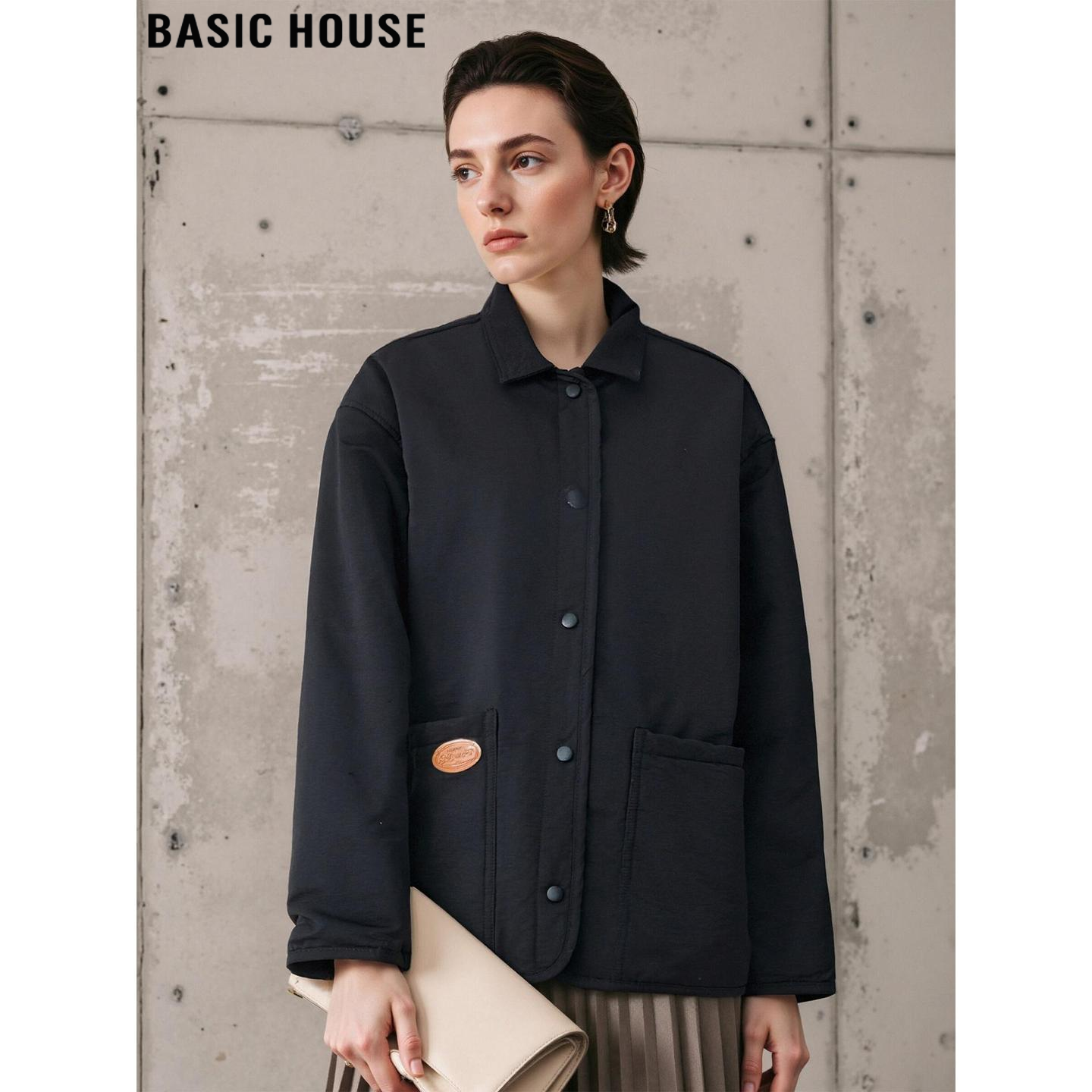 百家好黑色暗扣翻领棉服外套女