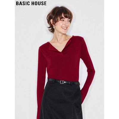 百家好气质红色V领羊毛针织衫女