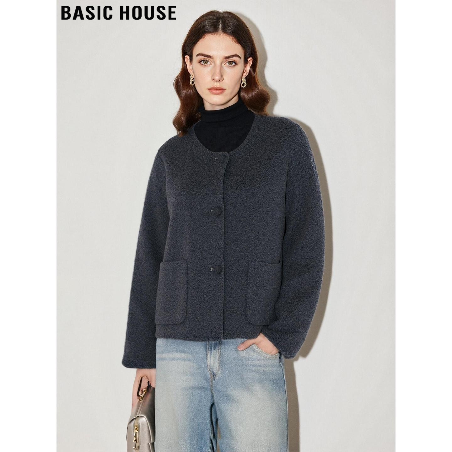 百家好高级感灰色圆领毛呢外套女