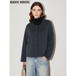 Basic House/百家好灰色圆领毛呢外套女冬高级感修身短款羊毛上衣