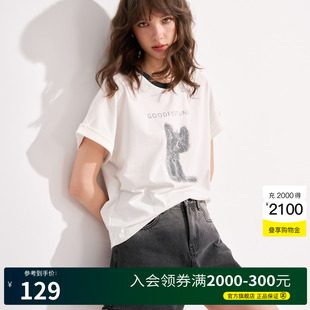 宽松休闲上衣 Basic House 百家好喵星人刺绣短袖 T恤女2025夏季