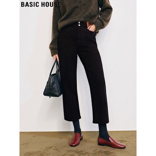 Basic House/百家好黑色九分牛仔裤女冬小个子加绒加厚直筒烟管裤