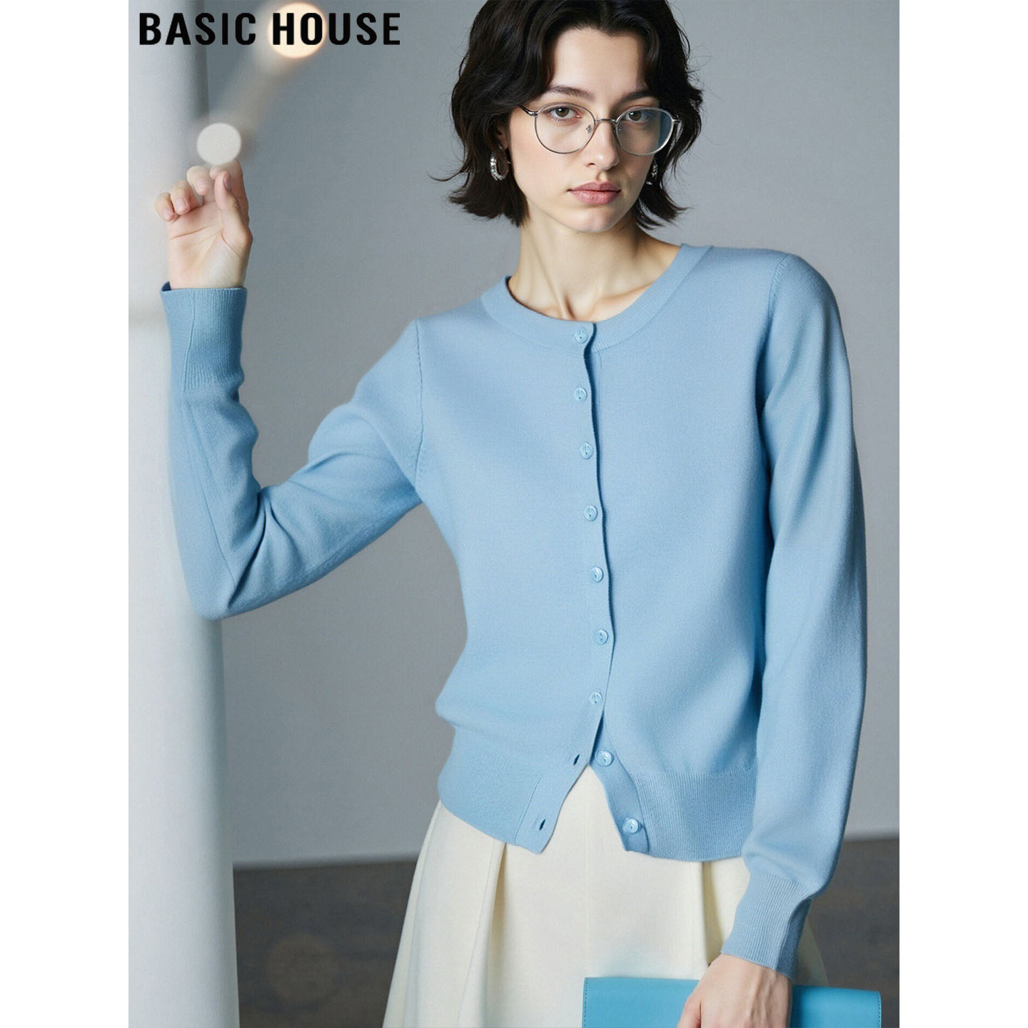 百家好法式蓝色针织开衫收腰毛衣