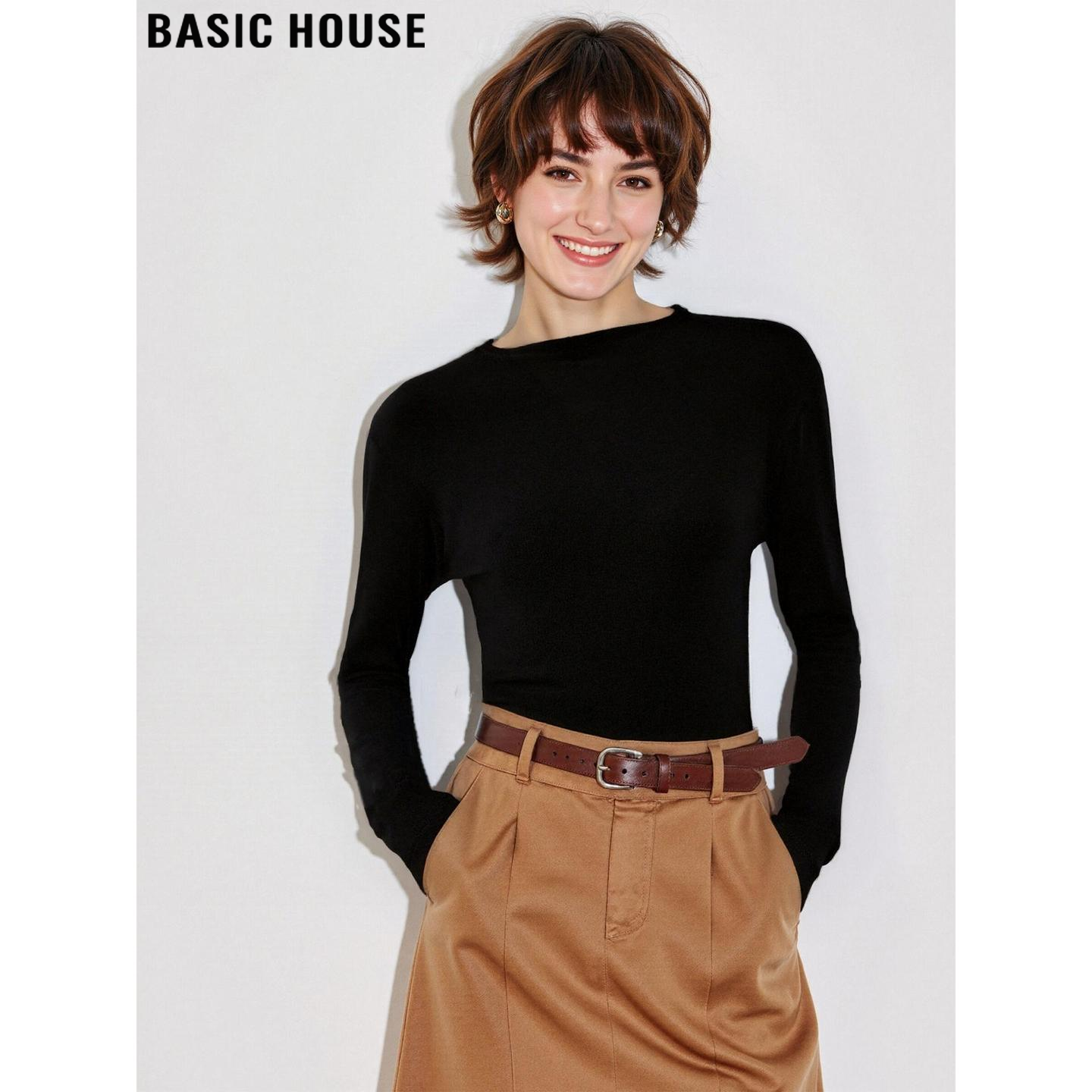 百家好含羊毛黑色圆领打底针织衫