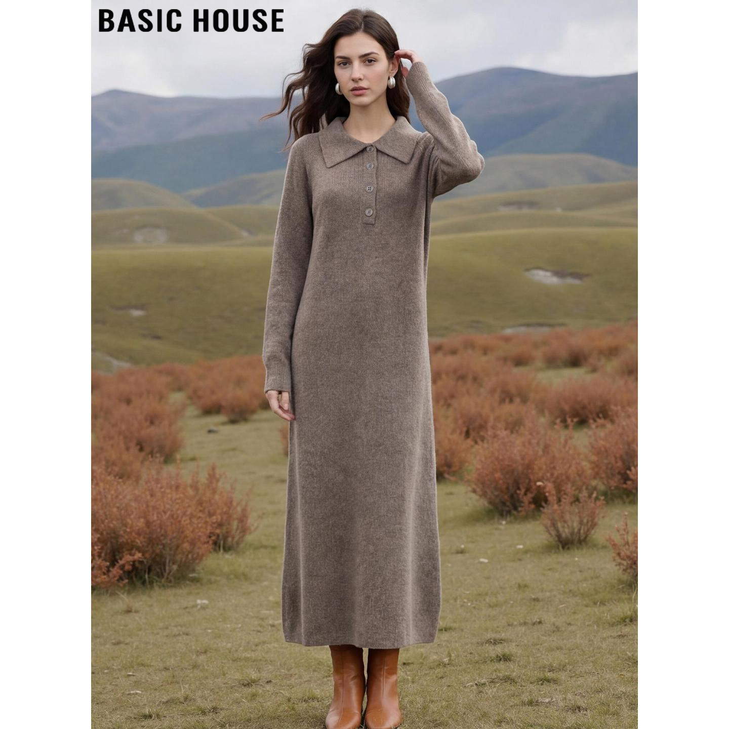 Basic House/百家好咖色针织连衣裙女2026春季新款长款打底毛衣裙