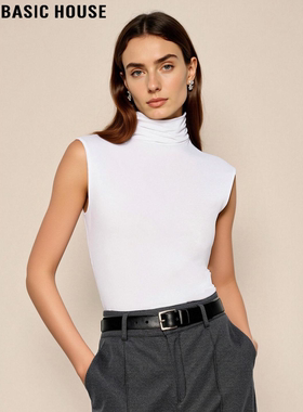Basic House/百家好白色高领无袖打底衫女士春季内搭修身坎肩T恤