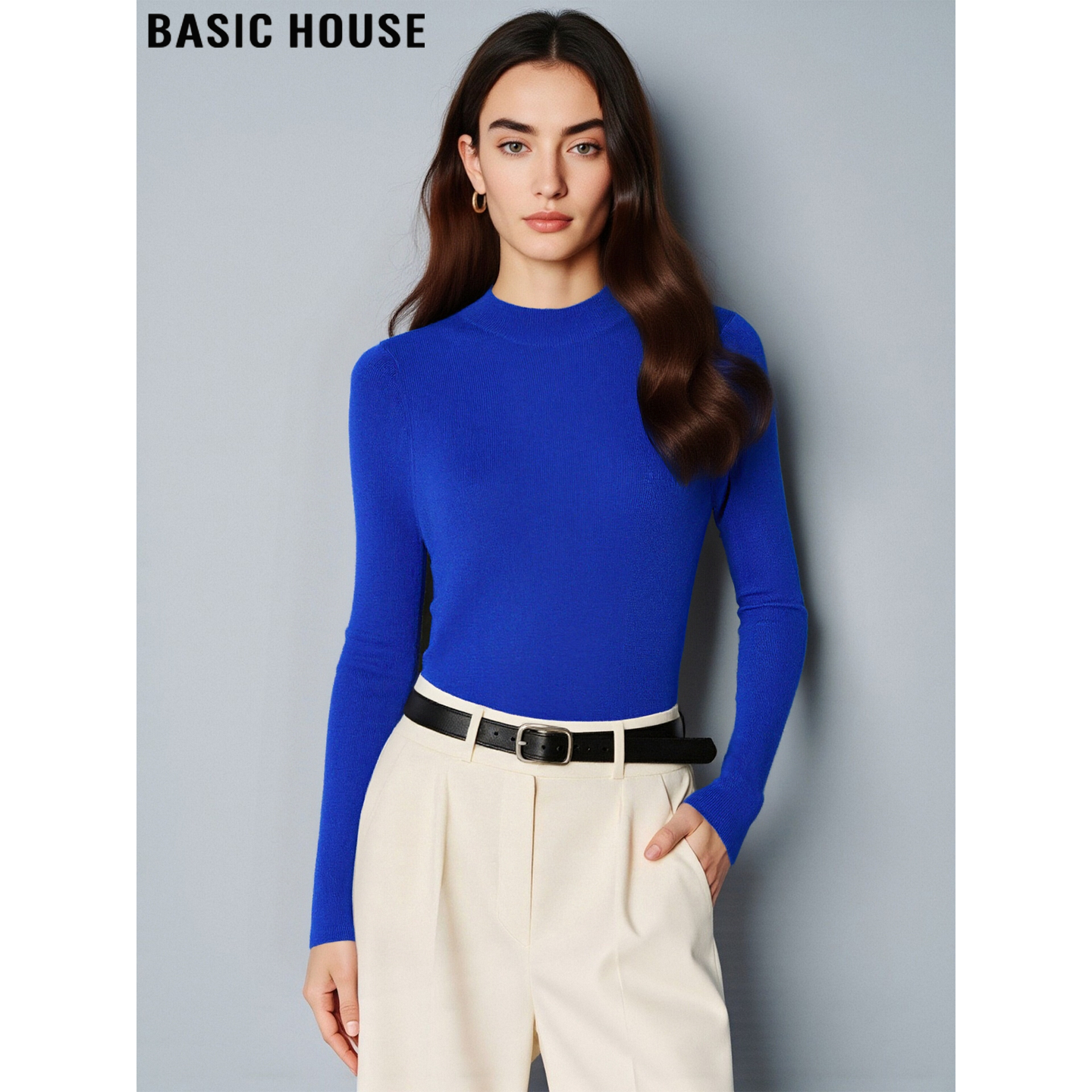 Basic House/百家好显白蓝色半高领针织打底衫女春季修身内搭上衣,女装/女士精品,毛针织衫,淘宝优惠券,粉丝福利购,淘宝优惠卷