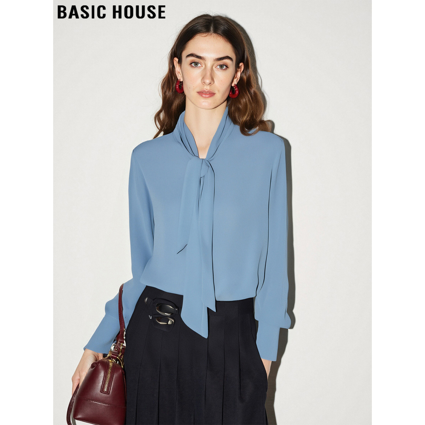 百家好法式飘带蓝色衬衫女通勤