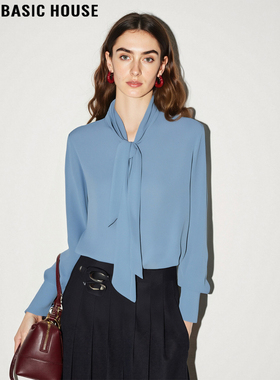Basic House/百家好法式飘带蓝色衬衫女2026春季新款通勤长袖衬衣