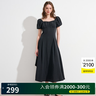 方領泡泡袖 Basic House 百家好法式 通勤顯瘦長裙 連衣裙女2025夏季