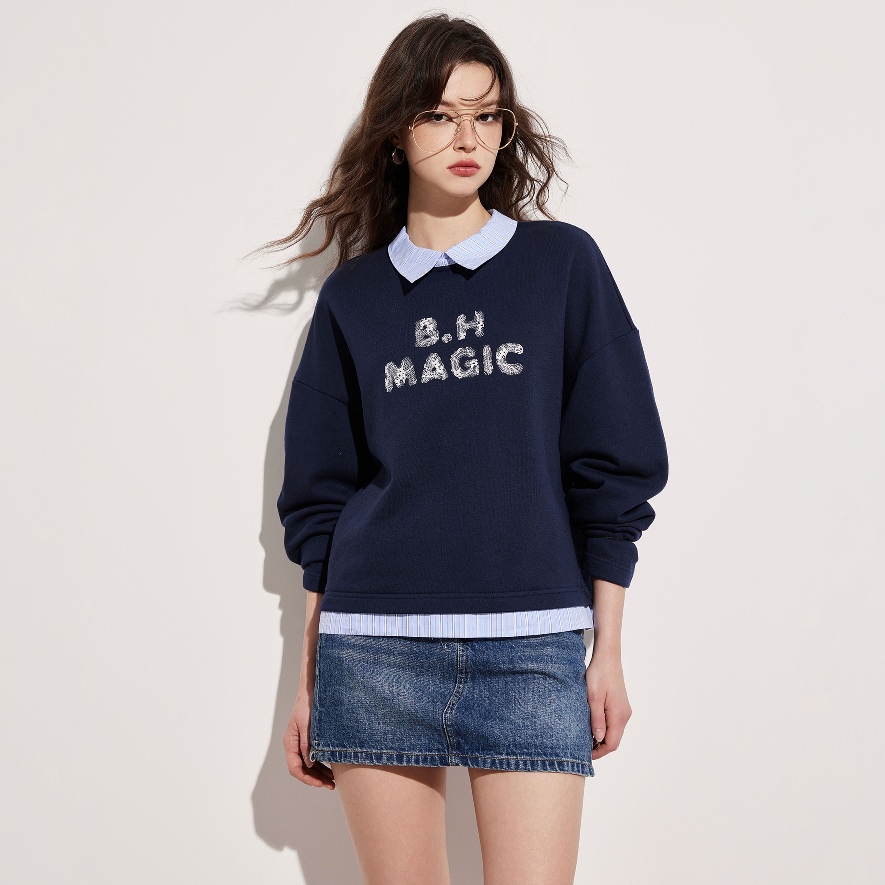 Basic House/百家好减龄撞色假两件POLO卫衣女2025春季显瘦上衣