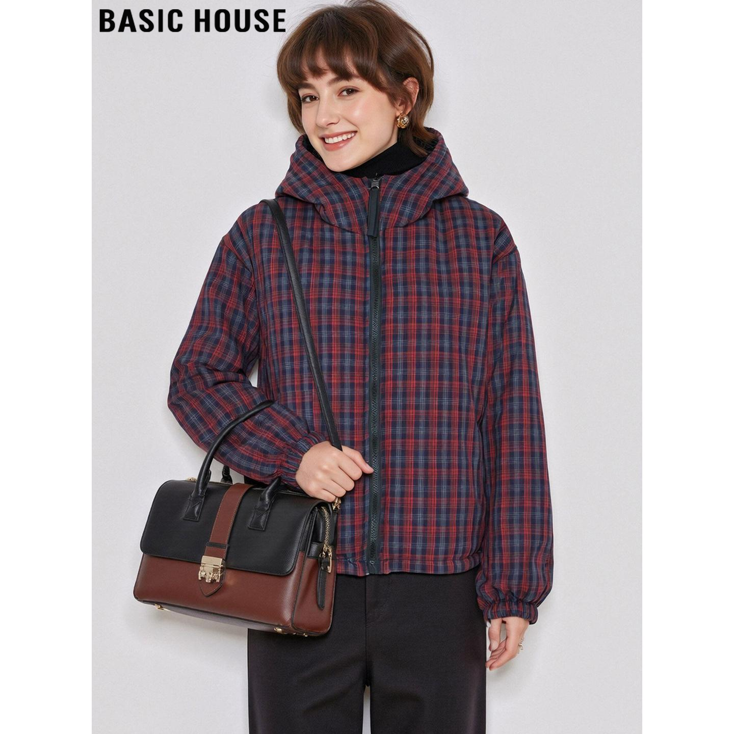 百家好美式复古格纹连帽棉服外套