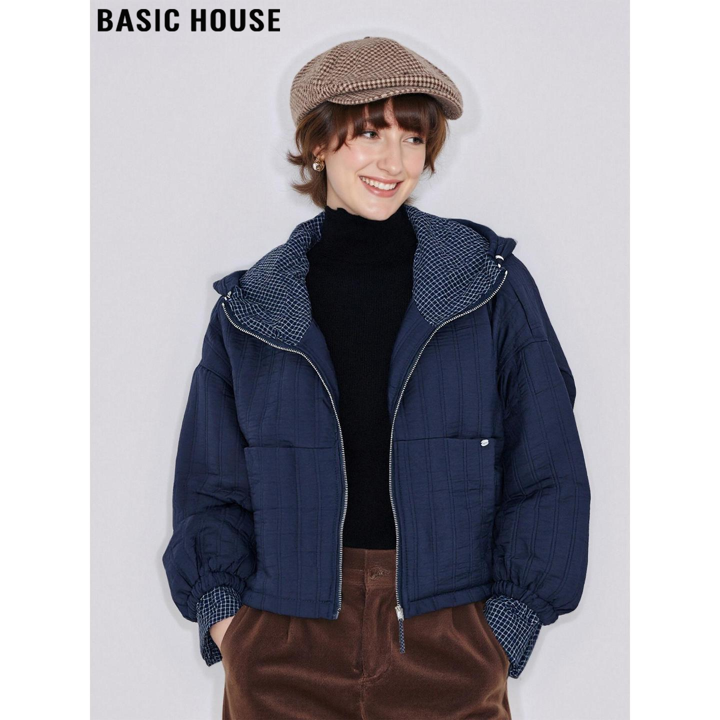 百家好格纹拼接加厚连帽棉衣外套