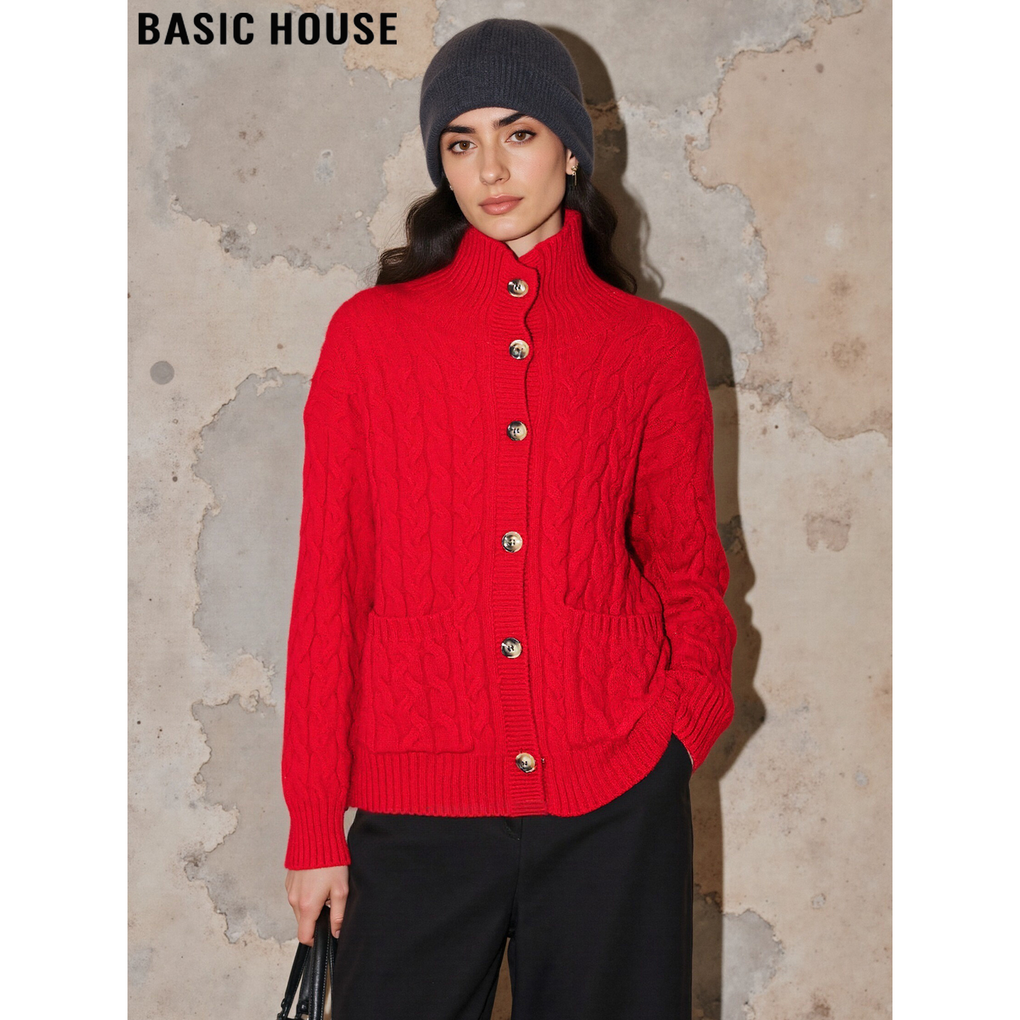 百家好100%羊毛红色高领毛衣外套