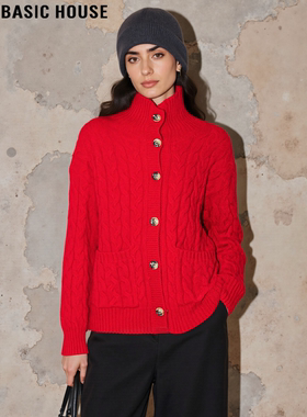 Basic House/百家好100%羊毛本命年红色高领毛衣女冬加厚针织开衫