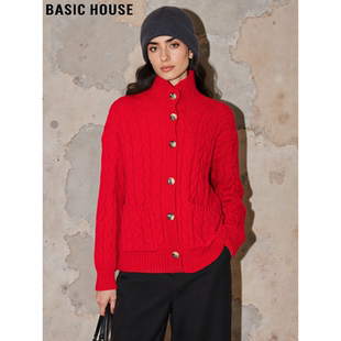 Basic House/百家好100%羊毛本命年红色高领毛衣女冬加厚针织开衫