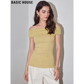 House 新款 百家好黄色羊毛短袖 女2026春季 一字肩上衣 针织衫 Basic