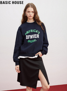 Basic House/百家好美式圆领卫衣女2025秋冬新款字母印花宽松外套