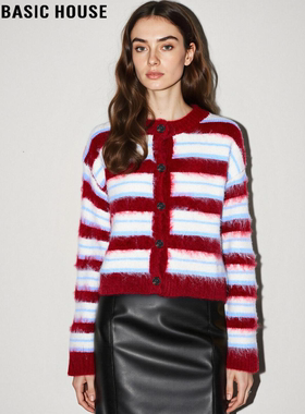 Basic House/百家好红色条纹针织开衫女2026春季新款软糯毛衣外套
