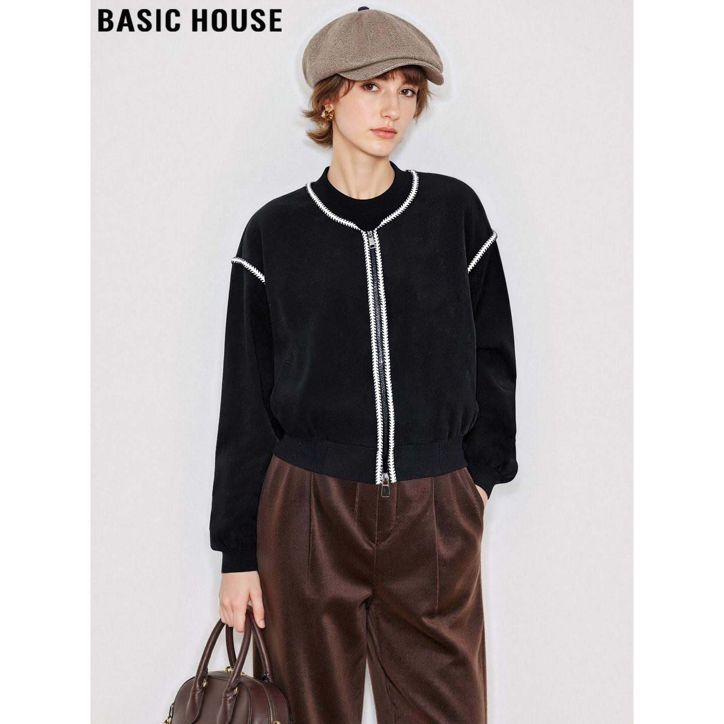 百家好设计感撞色黑色棒球服女