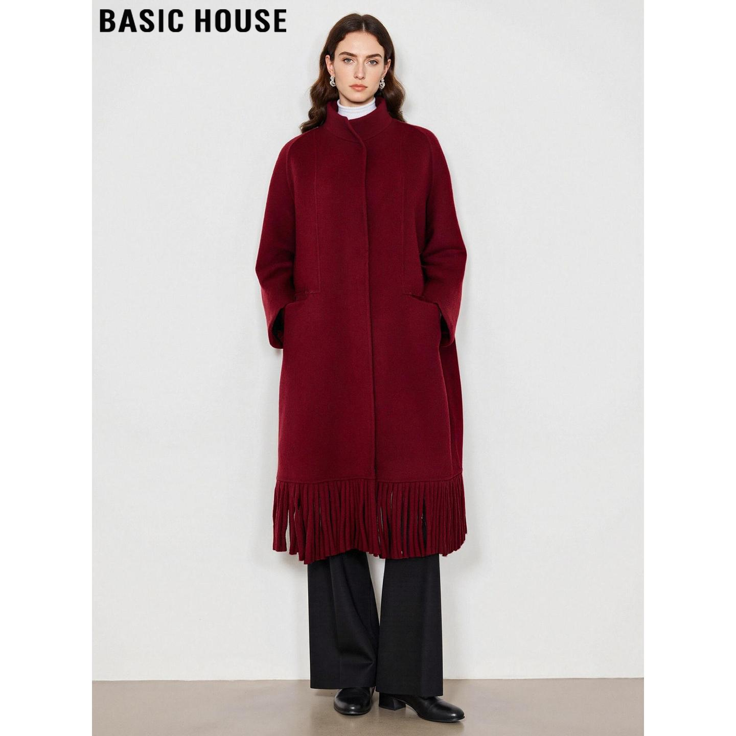 百家好高级感红色流苏毛呢外套女