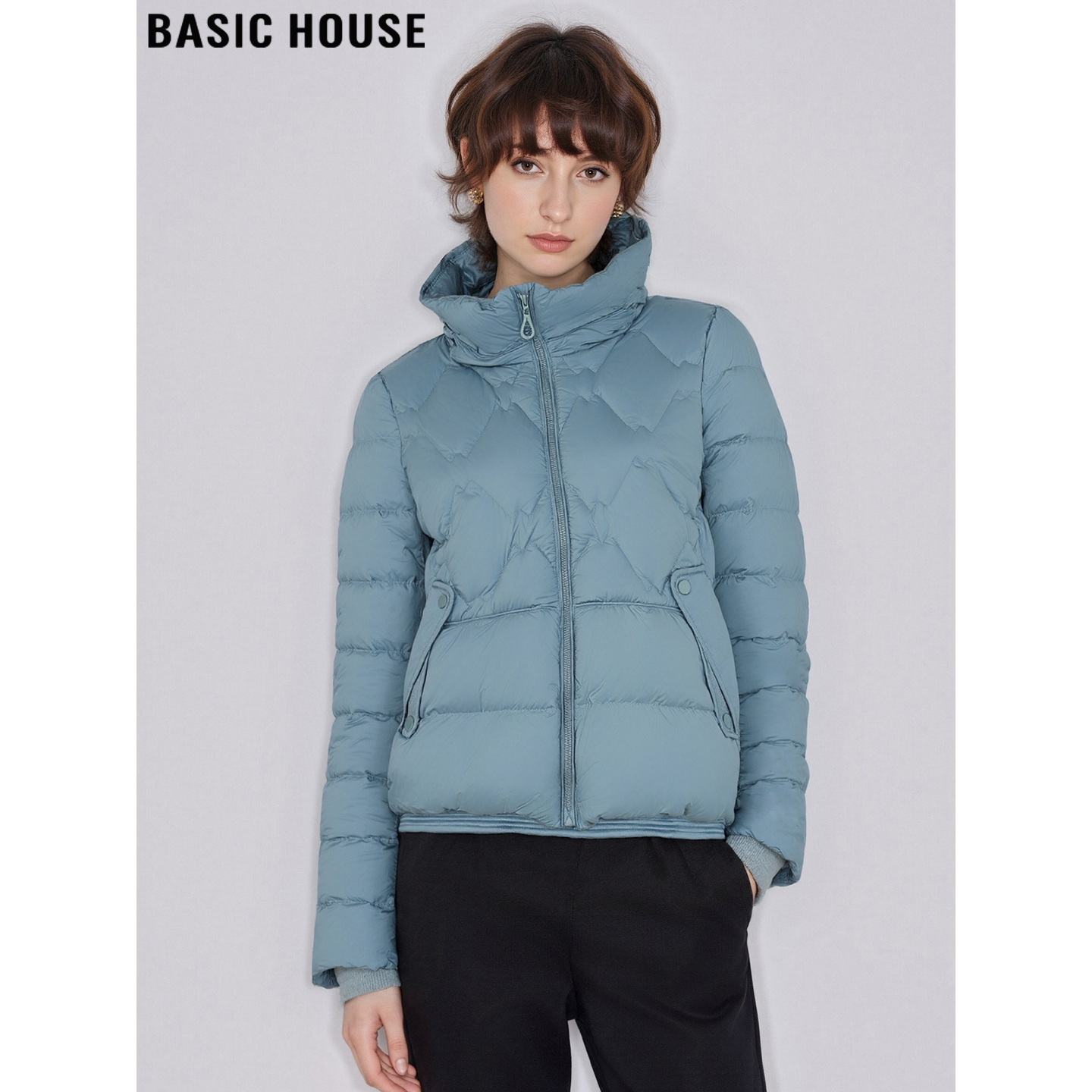 百家好蓝色90鸭绒连帽短款羽绒服