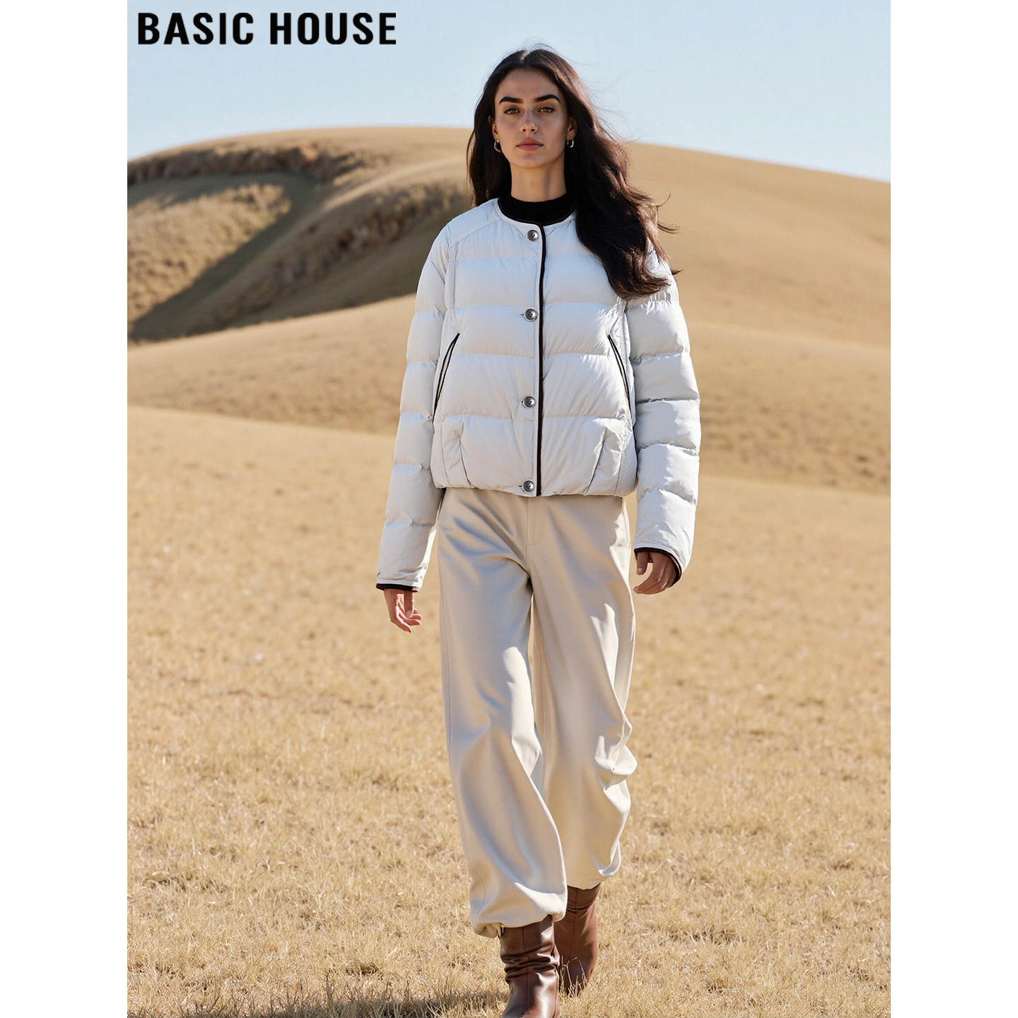 Basic House/百家好白色90鸭绒圆领羽绒服女冬季加厚保暖短款外套