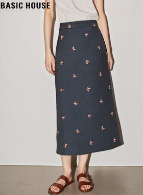 Basic House/百家好法式蝴蝶灰色西装裙女2025秋冬高腰直筒半身裙