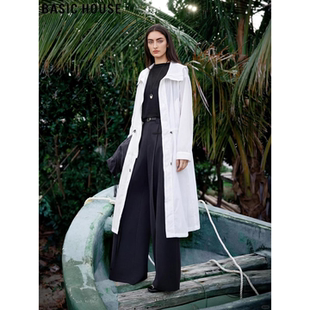 Basic House/百家好白色收腰连帽防晒外套女夏季薄款长款拉链开衫