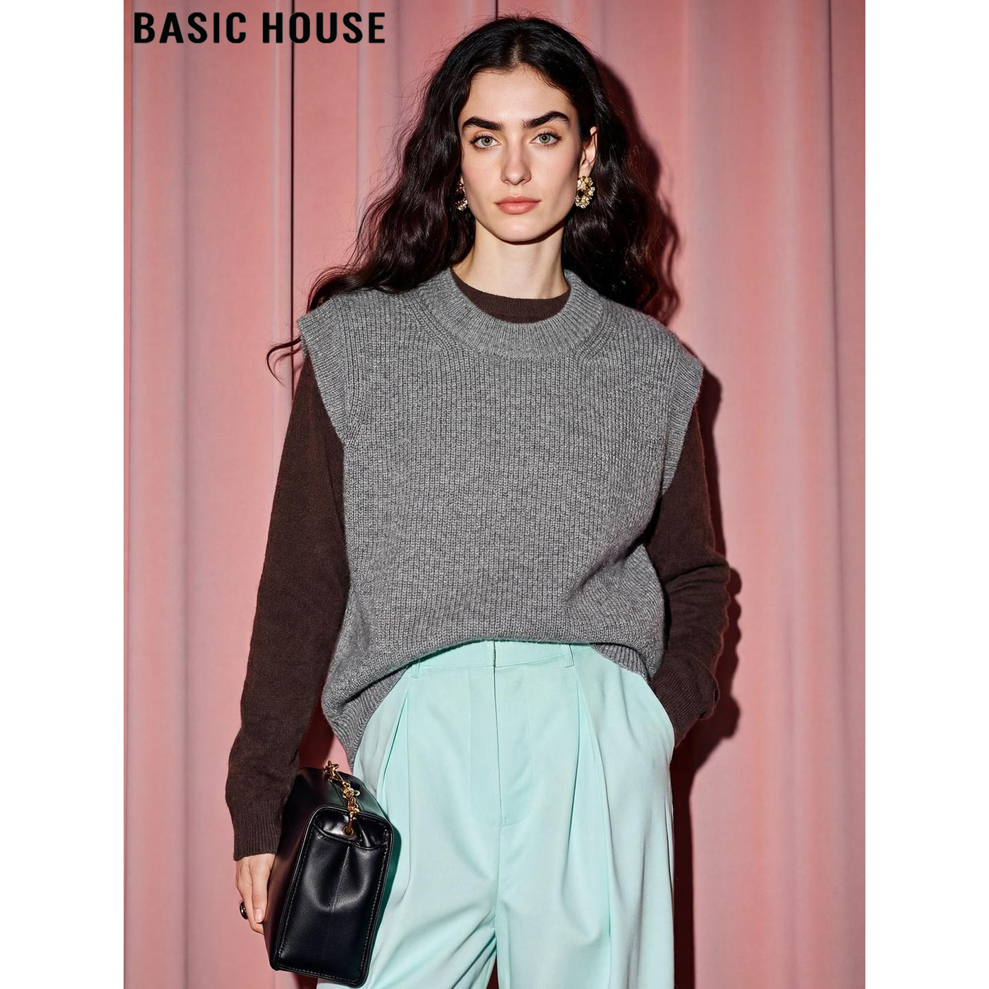 Basic House/百家好灰色圆领针织衫女士2026春季新款无袖背心马甲,女装/女士精品,毛针织衫,淘宝优惠券,粉丝福利购,淘宝优惠卷