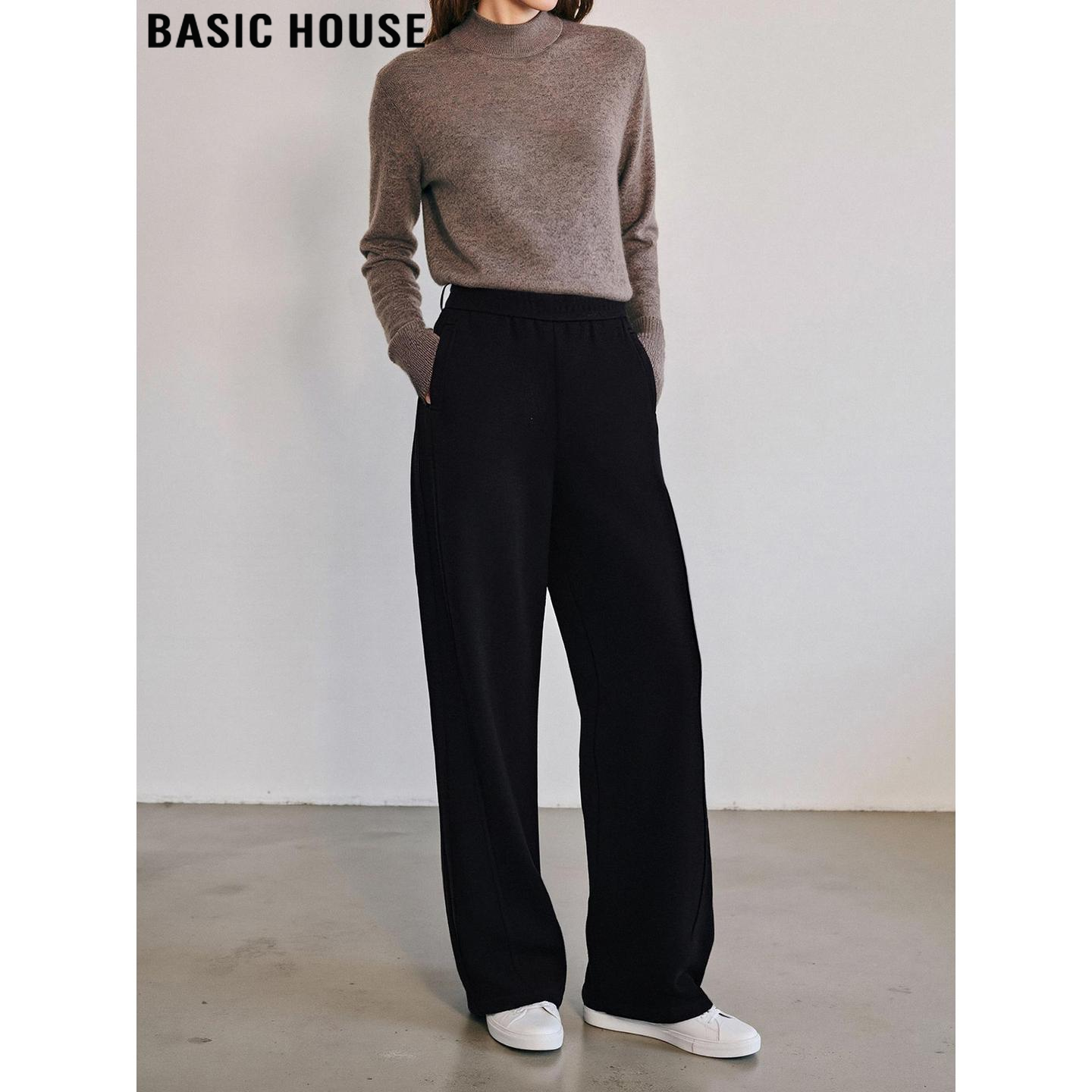 Basic House/百家好经典黑加绒加厚阔腿裤女冬季休闲垂感直筒长裤