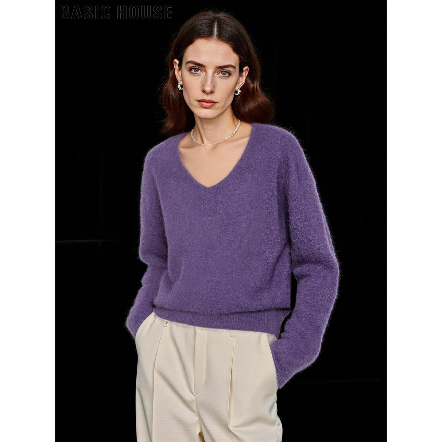 百家好香芋紫V领羊毛针织衫女