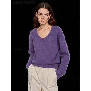 女春季 百家好香芋紫V领羊毛针织衫 宽松内搭软糯毛衣 House Basic