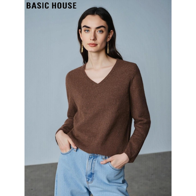 百家好美拉德棕色V领羊毛针织衫