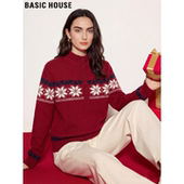 House 百家好红色提花半高领针织衫 女2026春季 Basic 新款 慵懒毛衣