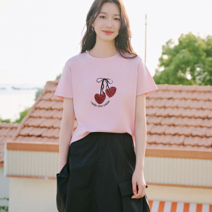 T恤女2025夏季 百家好Miu系减龄亮片绣花短袖 休闲上衣 House Basic
