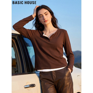 新款 Basic T恤女2026春季 百家好棕色假两件长袖 半开领上衣 House