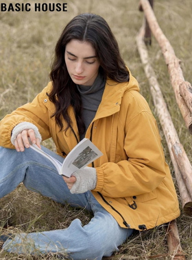 Basic House/百家好黄色90白鸭绒连帽羽绒服女士冬季加厚工装外套