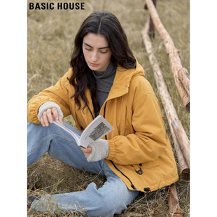 Basic House/百家好黄色90白鸭绒连帽羽绒服女士冬季加厚工装外套