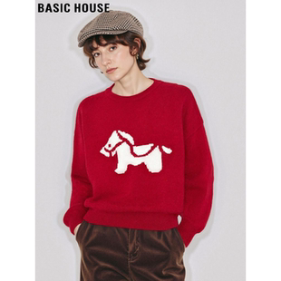 新款 Basic 女2026春季 百家好新年红提花针织衫 慵懒圆领上衣 House