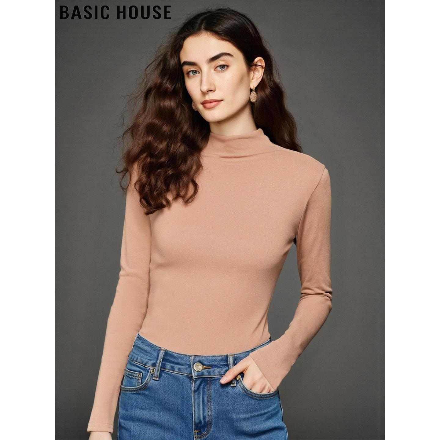 百家好通勤百搭卡其色半高领T恤