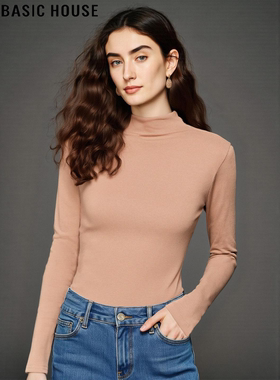 Basic House/百家好卡其色半高领T恤女士春季通勤百搭修身打底衫