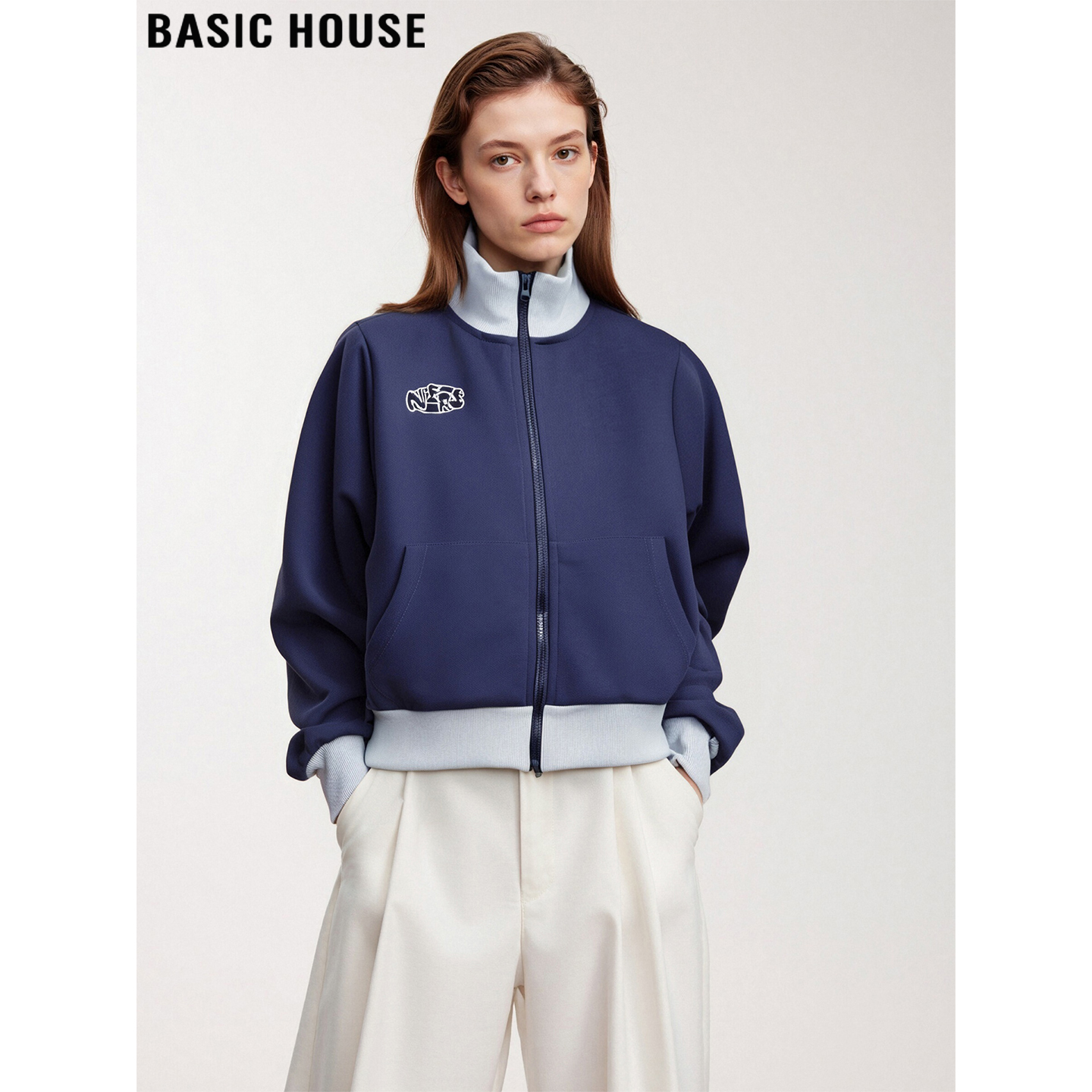 百家好复古美式拼色卫衣拉链外套