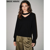 House 百家好黑色V领毛衣女2026春季 新款 Basic 宽松慵懒风针织衫