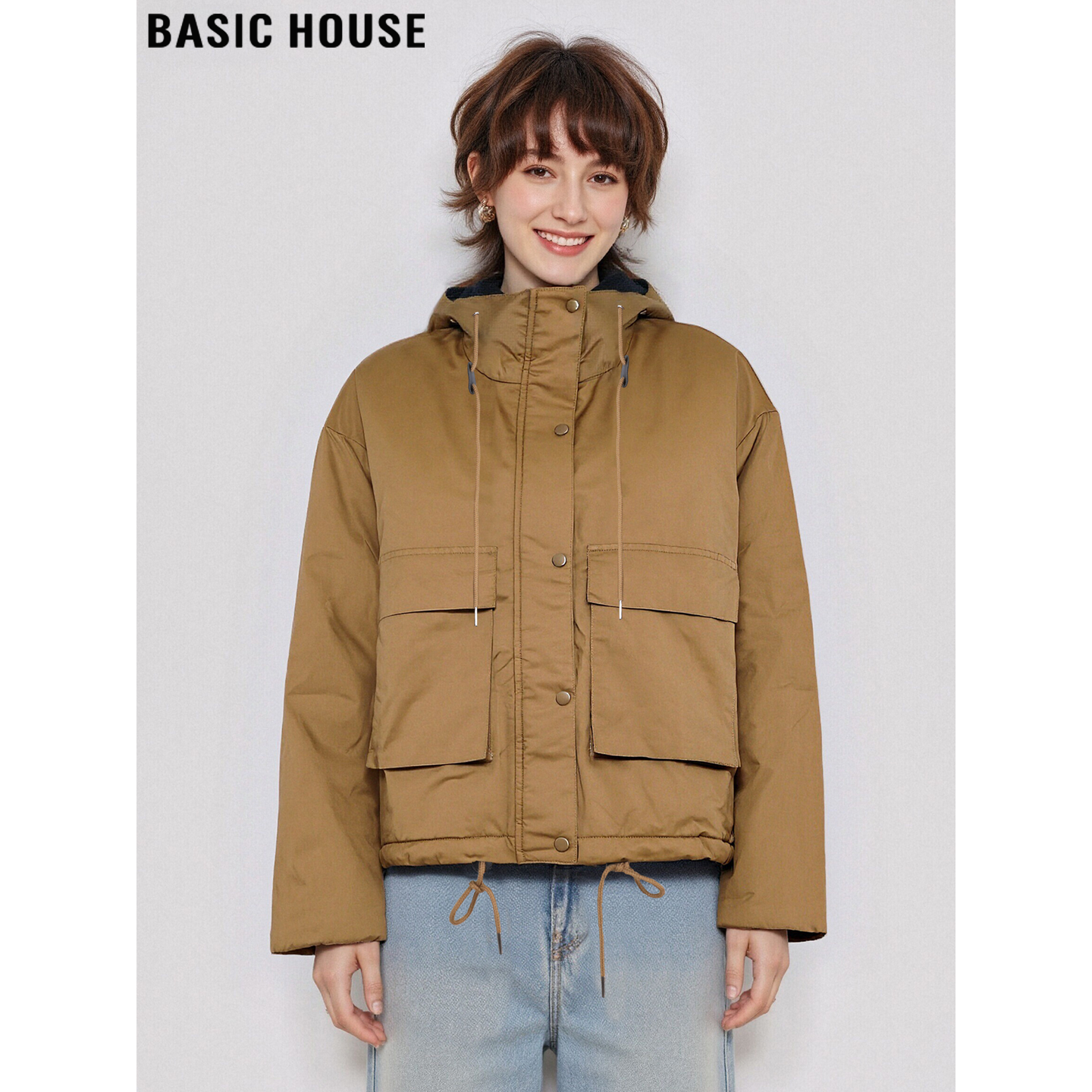 百家好卡其色大口袋加厚棉服外套