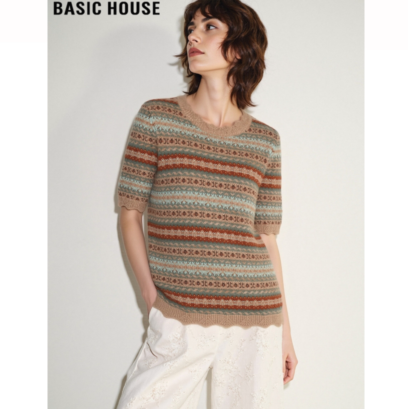 Basic House/百家好高级感提花短袖T恤女夏季薄款羊毛半袖针织衫