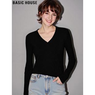 House 长袖 百家好黑色V领针织打底衫 内搭修身 上衣 女士春季 Basic